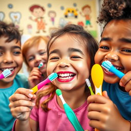 A close-up of a playful, colorful children's dental care scene, showcasing a diverse group of children joyfully brushing their teeth with bright, cartoonish toothbrushes and toothpaste