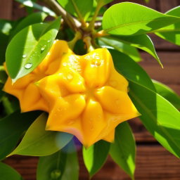 A vibrant and artistic depiction of star fruit, also known as carambola, with a range of bright yellow and green colors, showcasing its unique star-shaped cross-sections