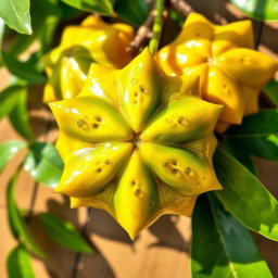 A vibrant and artistic depiction of star fruit, also known as carambola, with a range of bright yellow and green colors, showcasing its unique star-shaped cross-sections