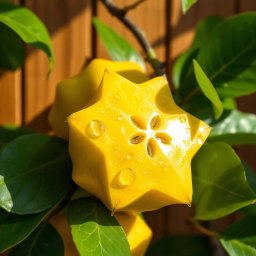 A vibrant and artistic depiction of star fruit, also known as carambola, with a range of bright yellow and green colors, showcasing its unique star-shaped cross-sections