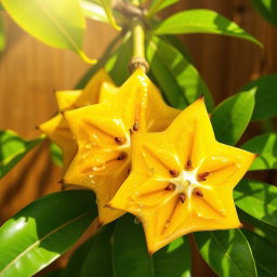 A vibrant and artistic depiction of star fruit, also known as carambola, with a range of bright yellow and green colors, showcasing its unique star-shaped cross-sections