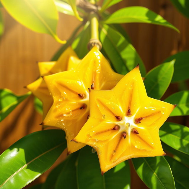 A vibrant and artistic depiction of star fruit, also known as carambola, with a range of bright yellow and green colors, showcasing its unique star-shaped cross-sections