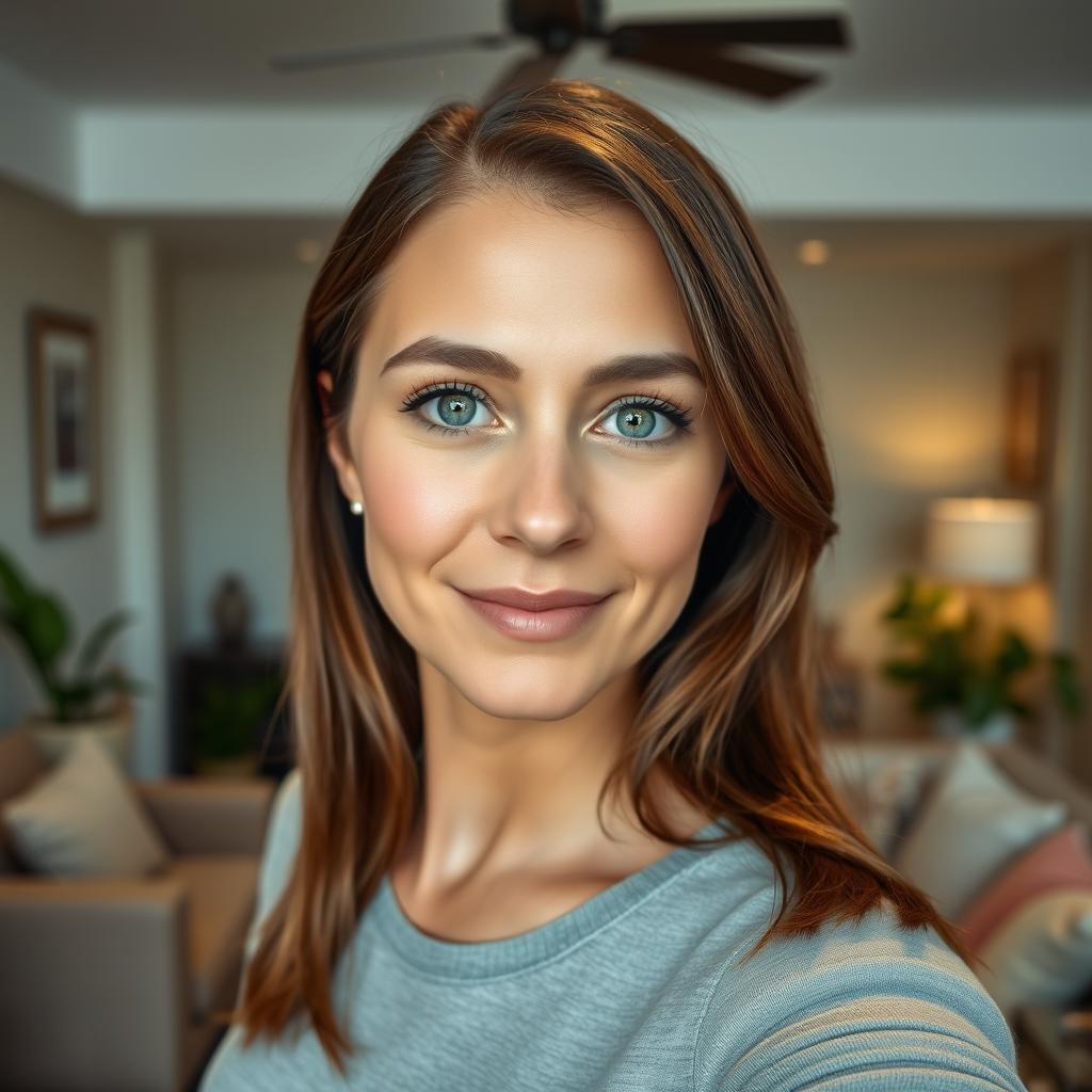 An interior photograph featuring a 30-year-old woman with an average build, brown hair, and striking green eyes