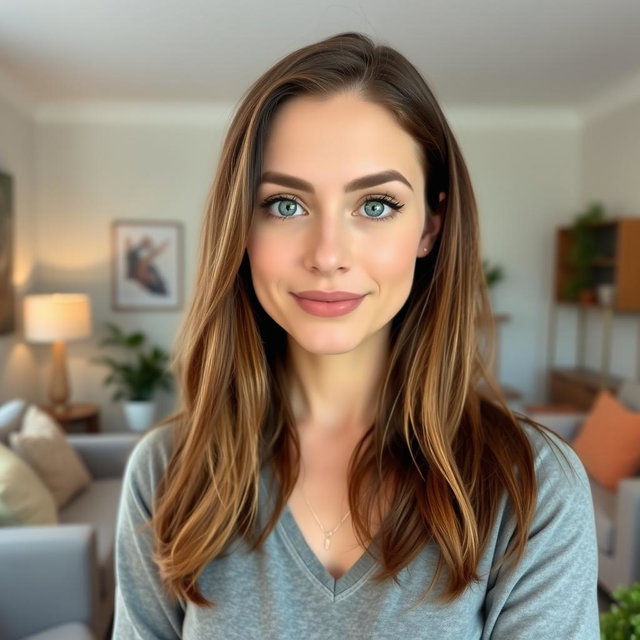 An interior photograph featuring a 30-year-old woman with an average build, brown hair, and striking green eyes