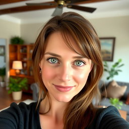 An interior photograph featuring a 30-year-old woman with an average build, brown hair, and striking green eyes