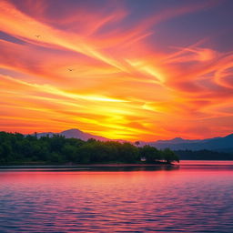 A vibrant landscape scene showcasing a picturesque sunset over a serene lake, with colorful reflections on the water's surface