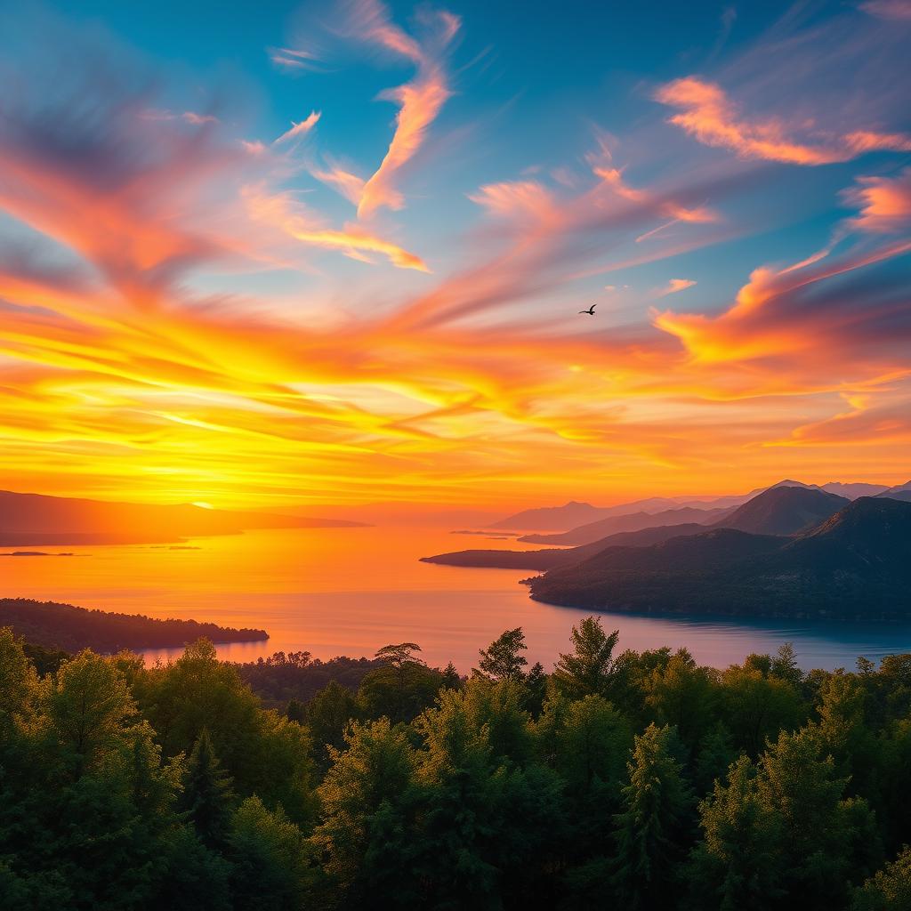 A vibrant landscape scene showcasing a picturesque sunset over a serene lake, with colorful reflections on the water's surface