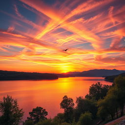 A vibrant landscape scene showcasing a picturesque sunset over a serene lake, with colorful reflections on the water's surface