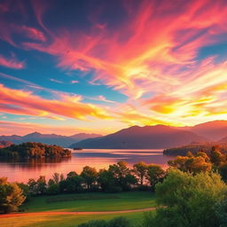 A vibrant landscape scene showcasing a picturesque sunset over a serene lake, with colorful reflections on the water's surface