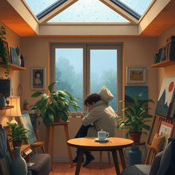 A cozy scene inside Yve's small studio on a rainy afternoon