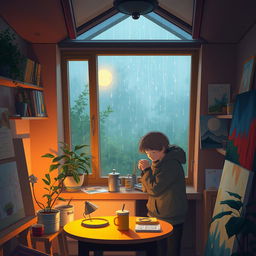 A cozy scene inside Yve's small studio on a rainy afternoon