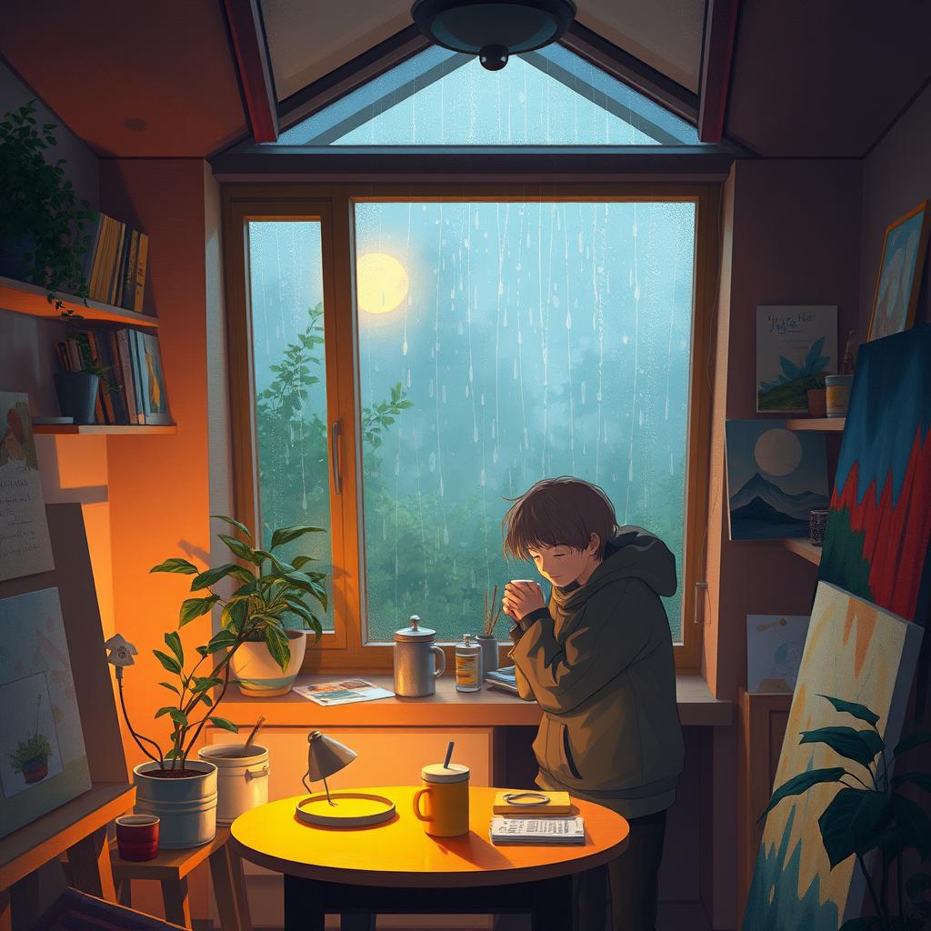 A cozy scene inside Yve's small studio on a rainy afternoon