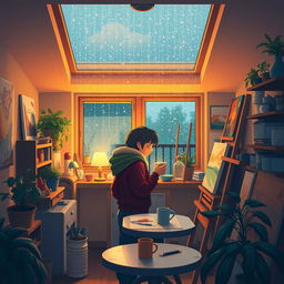 A cozy scene inside Yve's small studio on a rainy afternoon