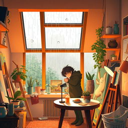 A cozy scene inside Yve's small studio on a rainy afternoon