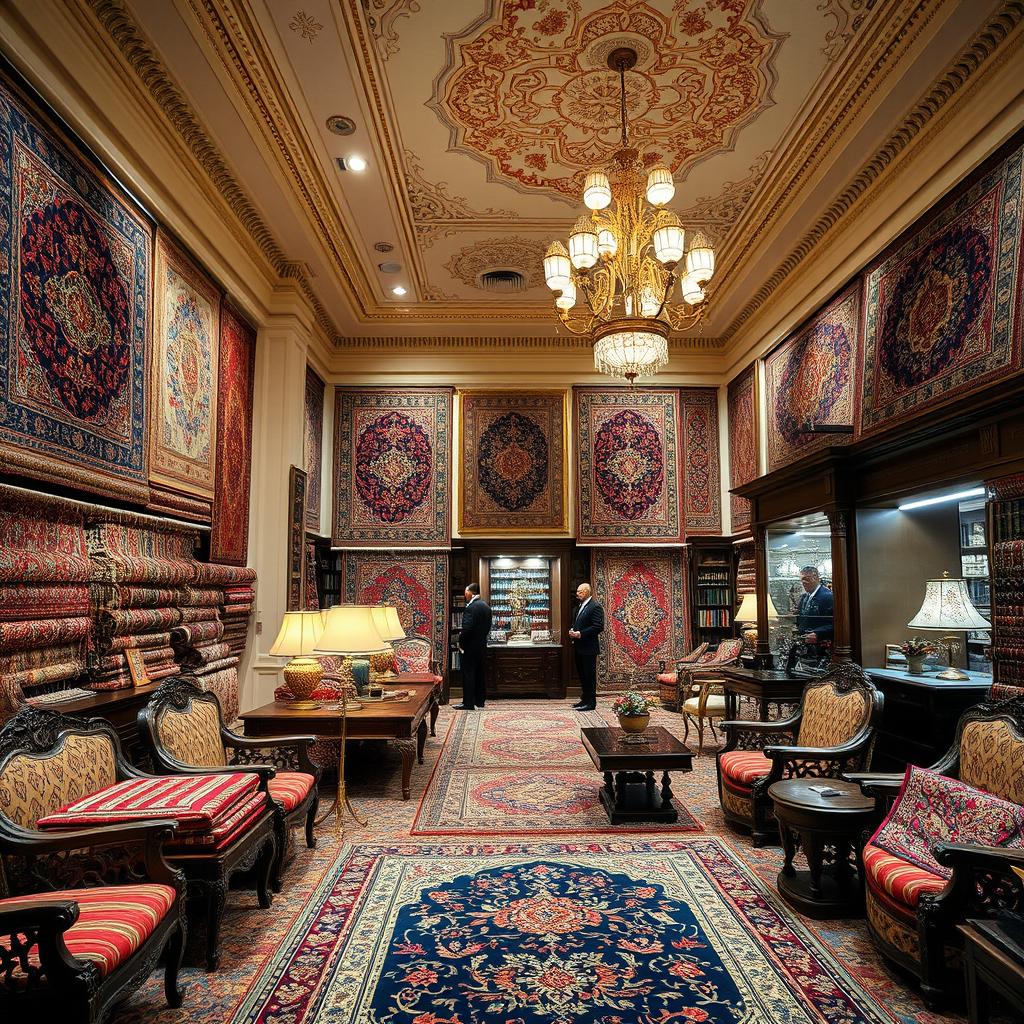 A luxurious, beautifully decorated carpet bank showroom interior, showcasing an elaborate variety of traditional Persian carpets, rich colors and intricate patterns, elegantly arranged in a spacious room with warm lighting, elegant wooden furniture, and ornate decor