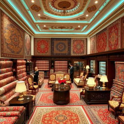 A luxurious, beautifully decorated carpet bank showroom interior, showcasing an elaborate variety of traditional Persian carpets, rich colors and intricate patterns, elegantly arranged in a spacious room with warm lighting, elegant wooden furniture, and ornate decor