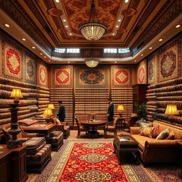 A luxurious, beautifully decorated carpet bank showroom interior, showcasing an elaborate variety of traditional Persian carpets, rich colors and intricate patterns, elegantly arranged in a spacious room with warm lighting, elegant wooden furniture, and ornate decor