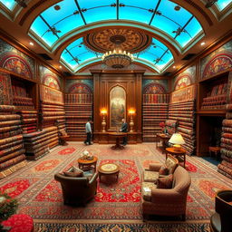 A luxurious, beautifully decorated carpet bank showroom interior, showcasing an elaborate variety of traditional Persian carpets, rich colors and intricate patterns, elegantly arranged in a spacious room with warm lighting, elegant wooden furniture, and ornate decor