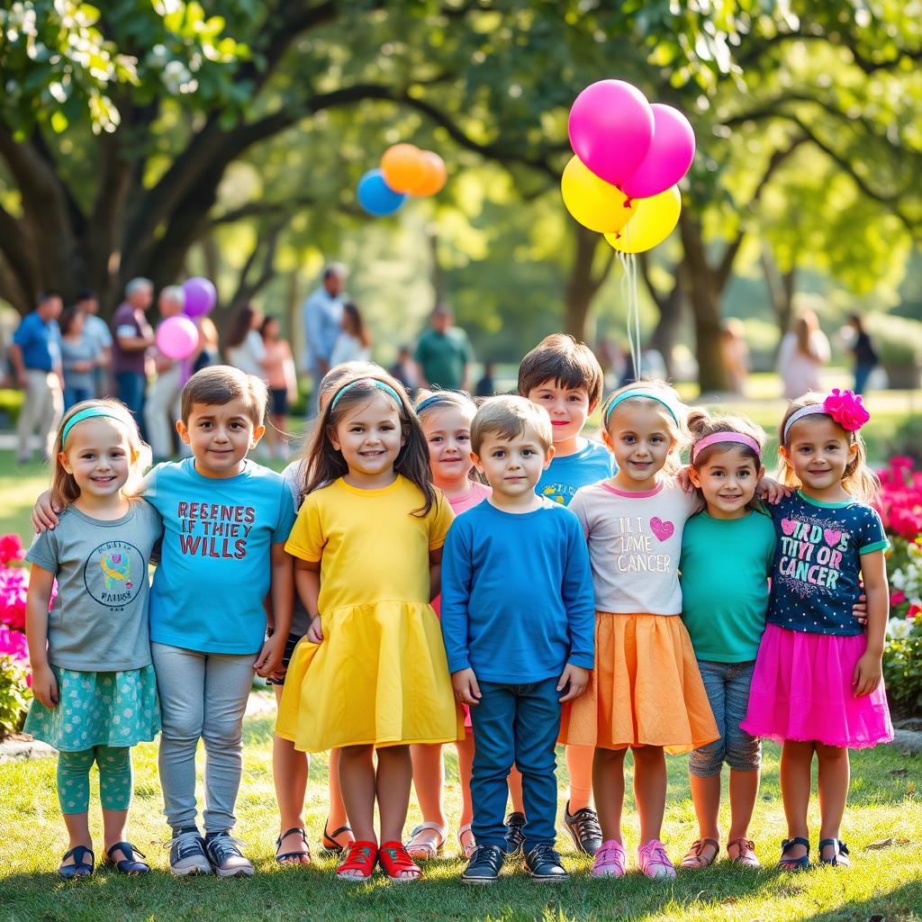 A group of brave children standing together, showcasing their resilience while wearing colorful and uplifting clothing, each with a unique headband symbolizing their journey with thyroid cancer