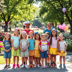A group of brave children standing together, showcasing their resilience while wearing colorful and uplifting clothing, each with a unique headband symbolizing their journey with thyroid cancer