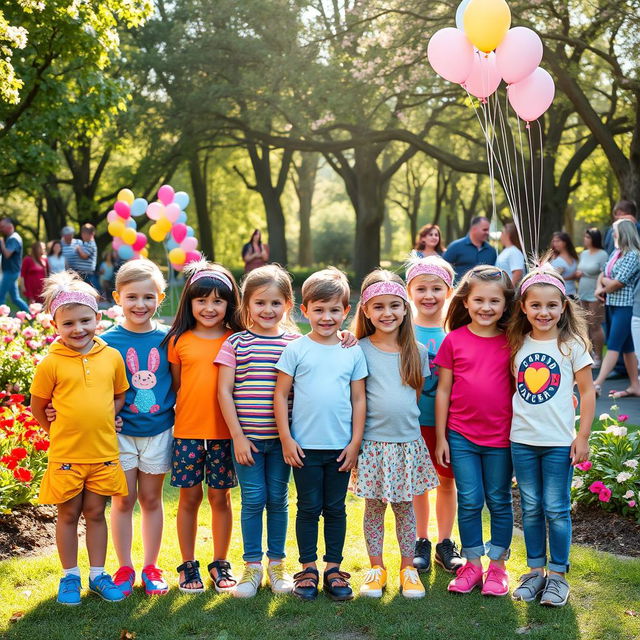 A group of brave children standing together, showcasing their resilience while wearing colorful and uplifting clothing, each with a unique headband symbolizing their journey with thyroid cancer