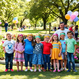 A group of brave children standing together, showcasing their resilience while wearing colorful and uplifting clothing, each with a unique headband symbolizing their journey with thyroid cancer