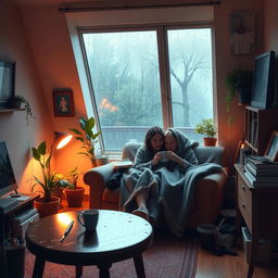 A cozy interior scene of Yve’s small studio during a rainy afternoon