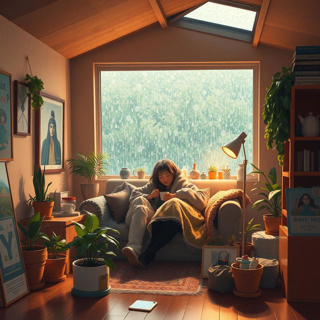 A cozy interior scene of Yve’s small studio during a rainy afternoon