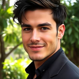 A handsome man with strong facial features and a charming smile, showcasing a well-defined jawline and deep-set, captivating eyes
