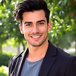 A handsome man with strong facial features and a charming smile, showcasing a well-defined jawline and deep-set, captivating eyes