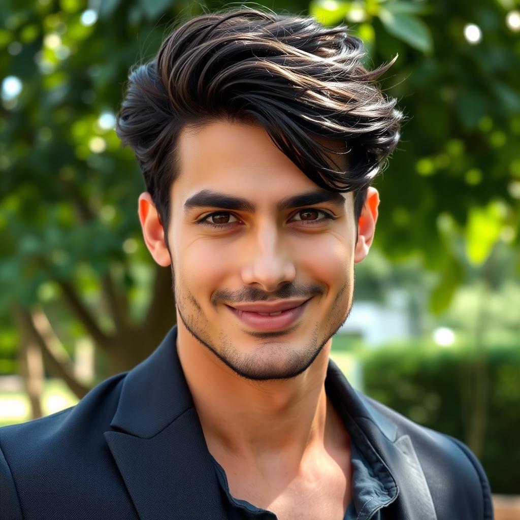 A handsome man with strong facial features and a charming smile, showcasing a well-defined jawline and deep-set, captivating eyes