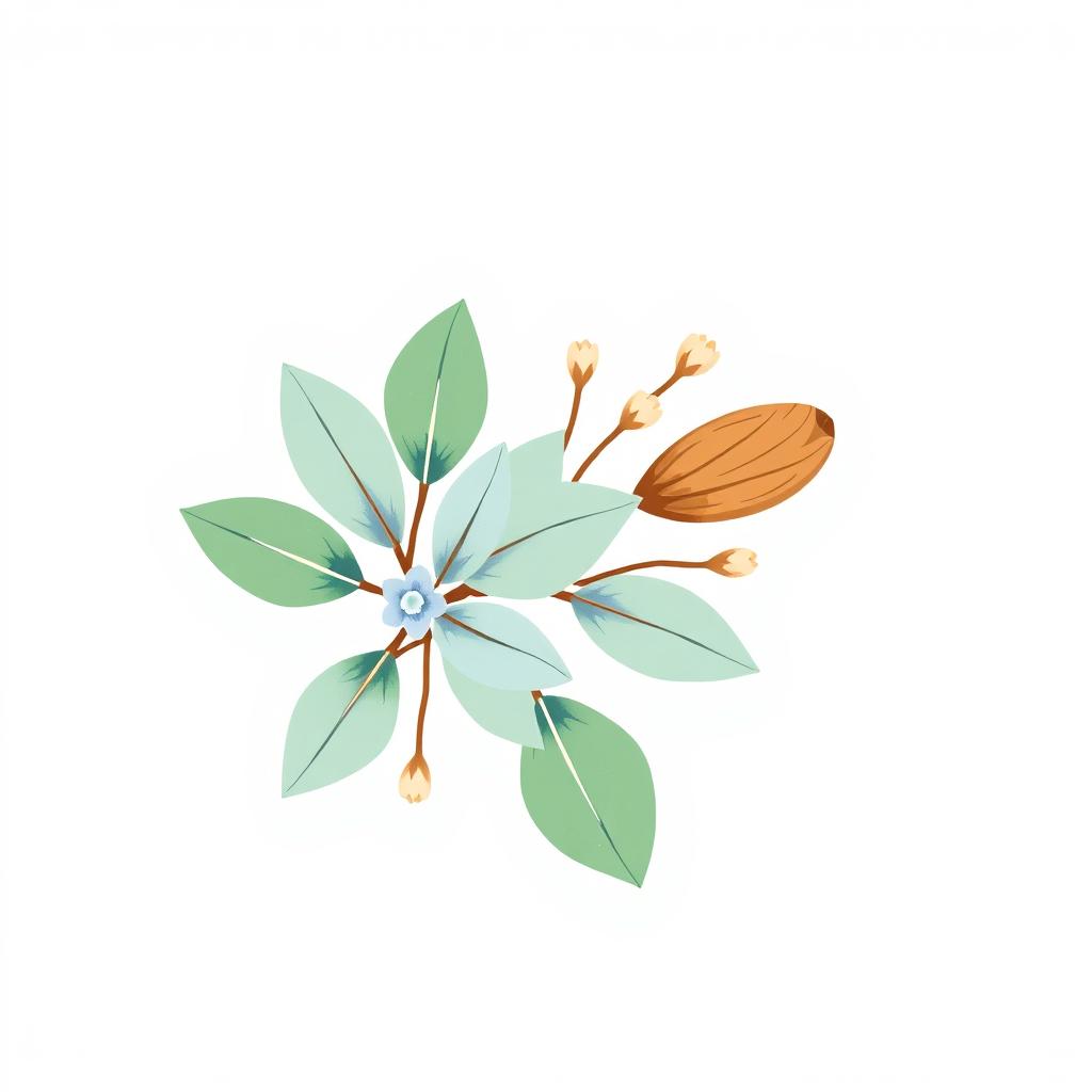 A beautifully designed logo featuring a stylized drawing of eucalyptus leaves intertwined with almond branches