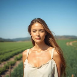 A simple, natural woman in a countryside setting, showcasing her beauty without makeup