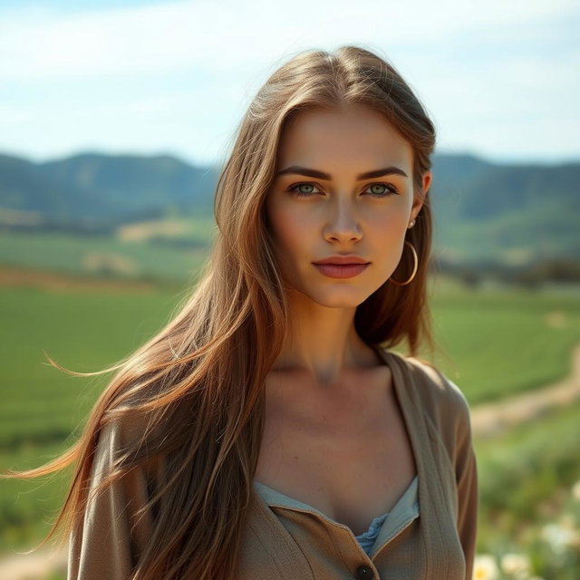 A simple, natural woman in a countryside setting, showcasing her beauty without makeup