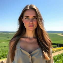 A simple, natural woman in a countryside setting, showcasing her beauty without makeup