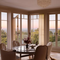 A luxurious home interior showcasing a well-balanced mix of modern and vintage decor, radiant lighting, and a stunning view through the French windows