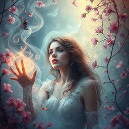 A beautiful and mysterious scene depicting a woman trapped in a dream-like environment