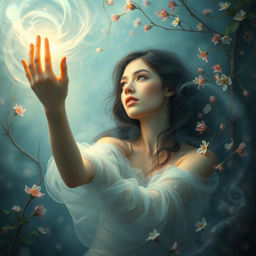 A beautiful and mysterious scene depicting a woman trapped in a dream-like environment