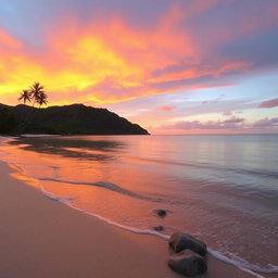 A serene landscape depicting a tranquil beach at sunset, where the sky is ablaze with hues of orange, pink, and purple, reflecting on the calm water