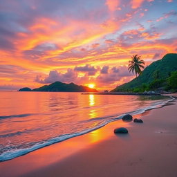 A serene landscape depicting a tranquil beach at sunset, where the sky is ablaze with hues of orange, pink, and purple, reflecting on the calm water