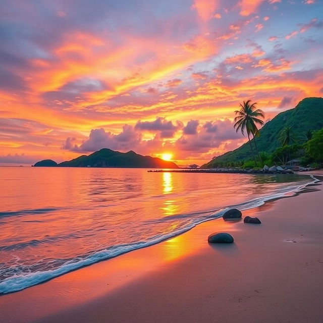 A serene landscape depicting a tranquil beach at sunset, where the sky is ablaze with hues of orange, pink, and purple, reflecting on the calm water