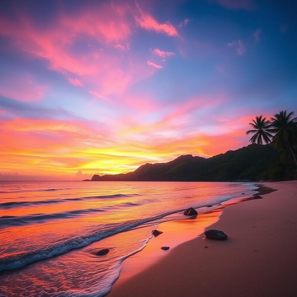 A serene landscape depicting a tranquil beach at sunset, where the sky is ablaze with hues of orange, pink, and purple, reflecting on the calm water