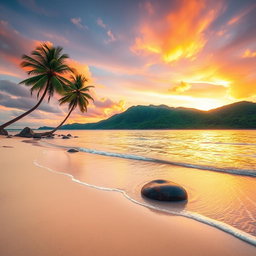 A serene landscape depicting a tranquil beach at sunset, where the sky is ablaze with hues of orange, pink, and purple, reflecting on the calm water