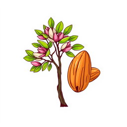 A logo design featuring an artistic illustration of a eucalyptus tree and almonds together