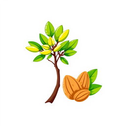A logo design featuring an artistic illustration of a eucalyptus tree and almonds together