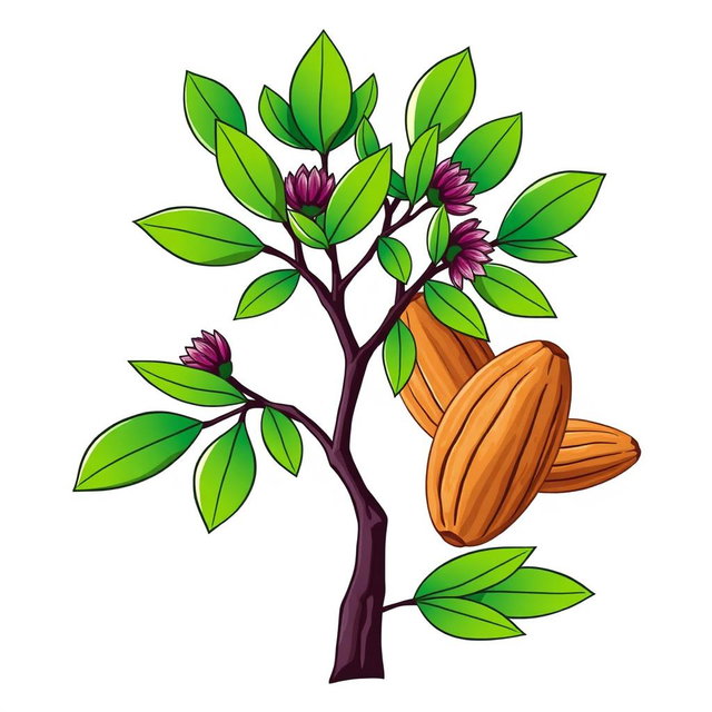 A logo design featuring an artistic illustration of a eucalyptus tree and almonds together