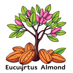 A logo design featuring an artistic illustration of a eucalyptus tree and almonds together