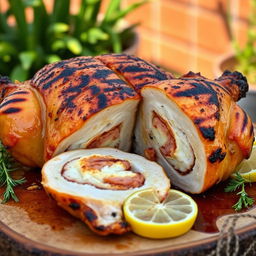 A beautifully grilled chicken, stuffed, displayed cut open lengthwise, showing off its juicy filling