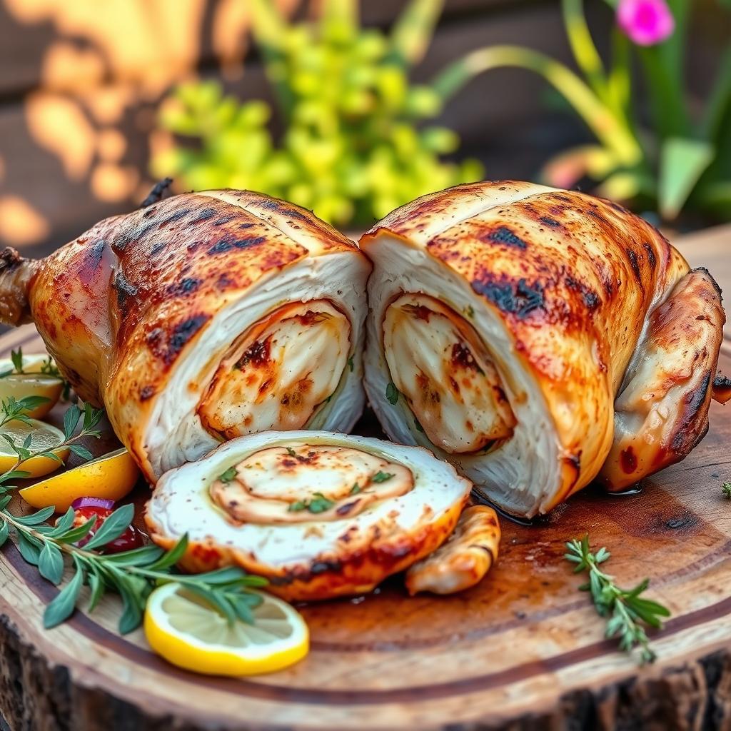 A beautifully grilled chicken, stuffed, displayed cut open lengthwise, showing off its juicy filling