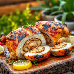 A beautifully grilled chicken, stuffed, displayed cut open lengthwise, showing off its juicy filling